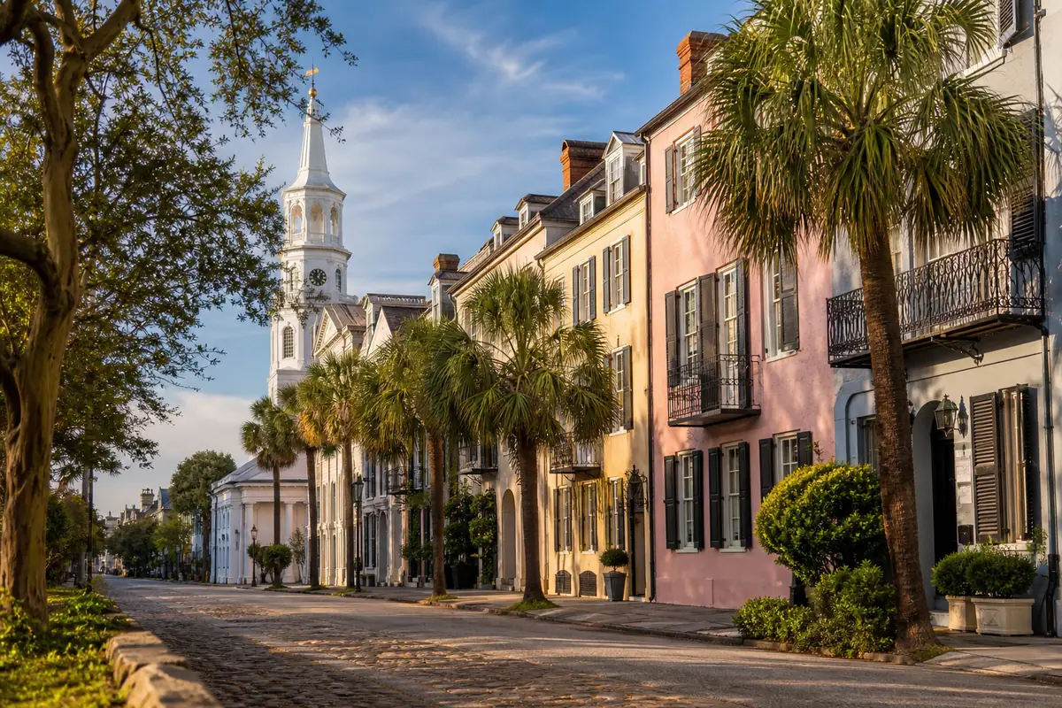Photoreal Charleston row houses and church steeple along a historic walking route