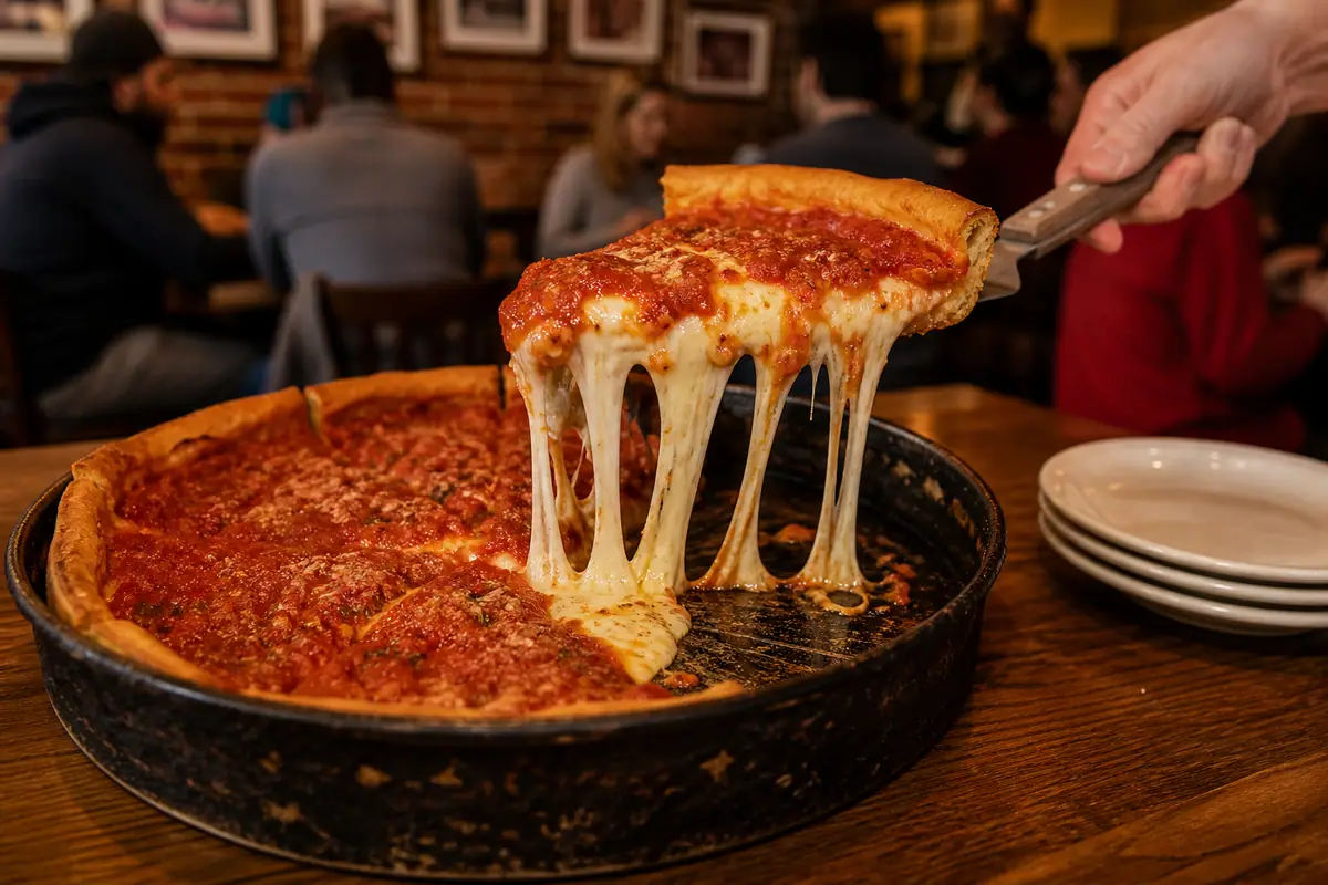 Photoreal Lou Malnati's Pizzeria deep-dish pizza in Chicago