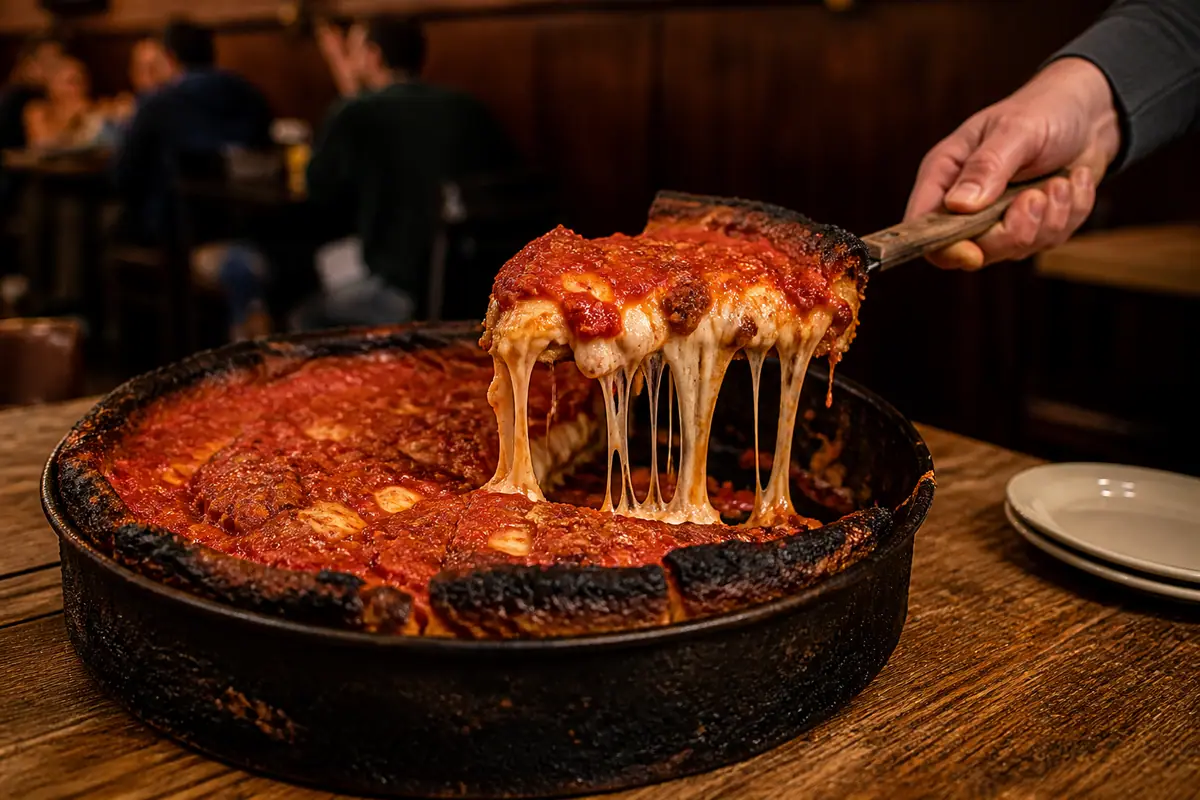 Photoreal Pequod's Pizza caramelized deep-dish in Chicago