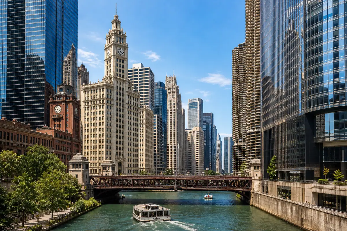 Photoreal downtown Chicago architecture canyon above the river with landmark bridges and skyscrapers