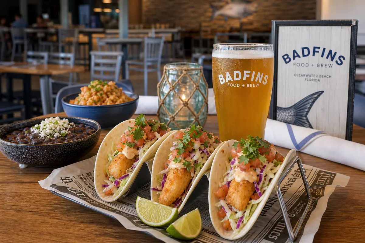 Photoreal casual tacos and beer scene representing Badfins Food + Brew in Clearwater