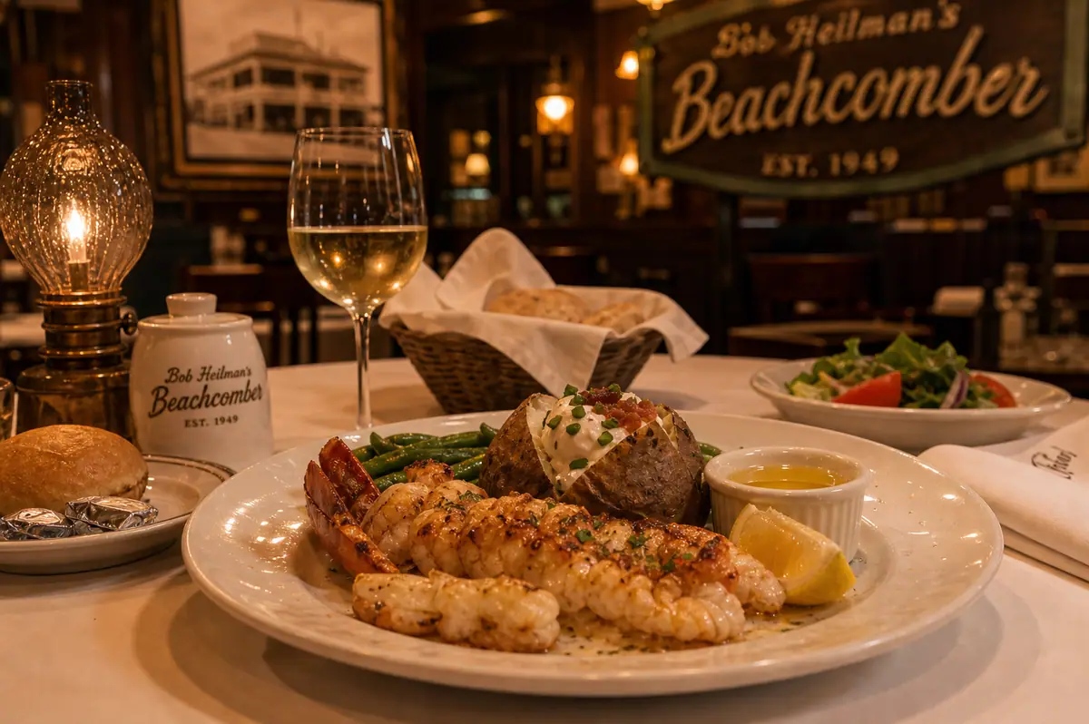 Photoreal classic seafood dinner scene representing Bob Heilman's Beachcomber in Clearwater