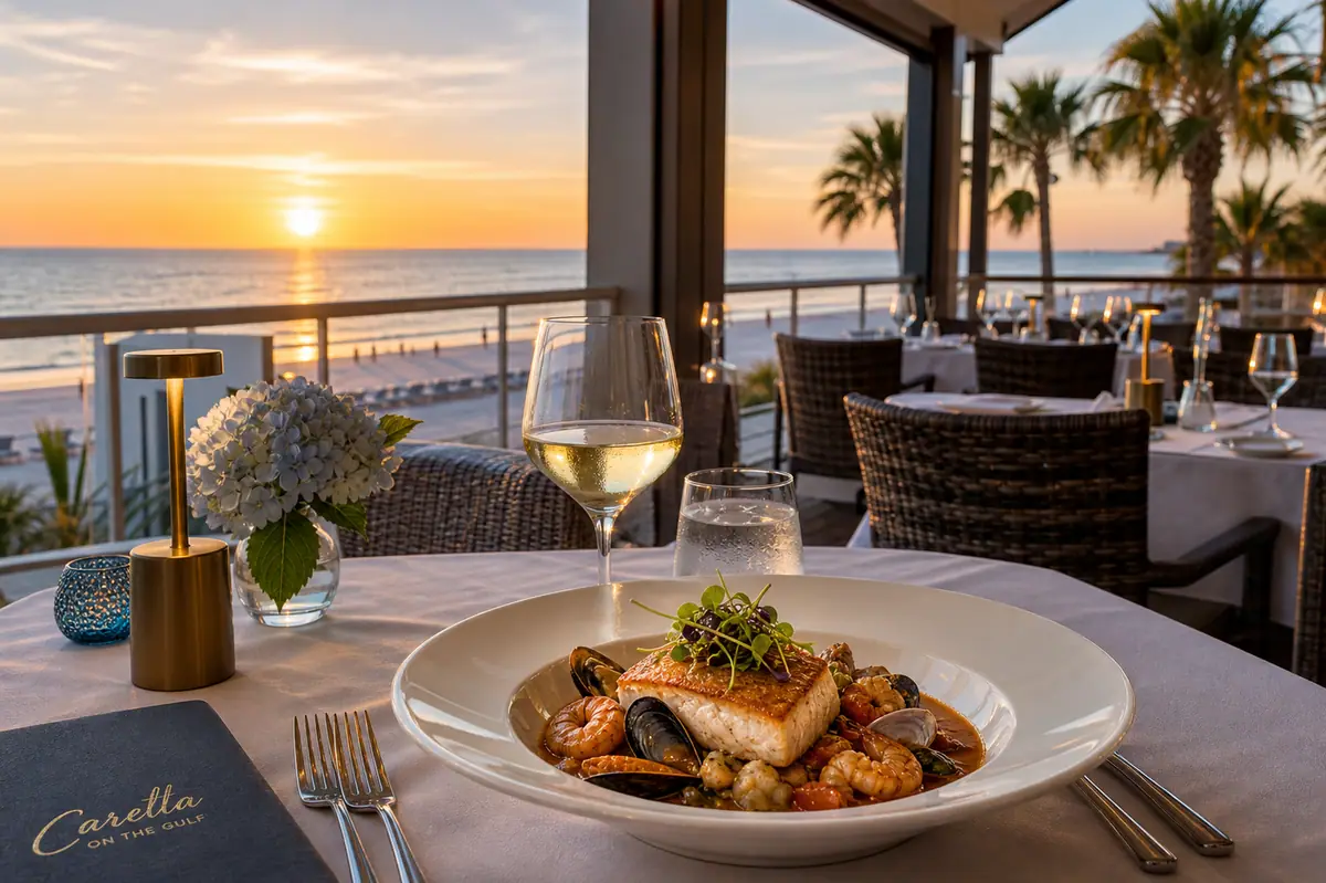 Photoreal upscale Gulf-view dining scene representing Caretta on the Gulf in Clearwater