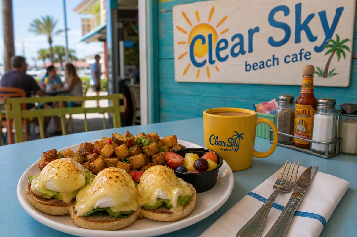 Photoreal cafe brunch scene representing Clear Sky Cafe in Clearwater