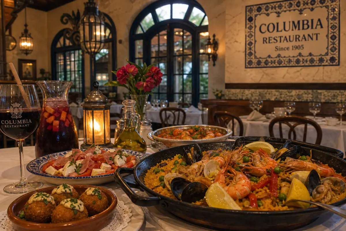 Photoreal Spanish-Cuban dinner scene representing Columbia Restaurant Sand Key in Clearwater
