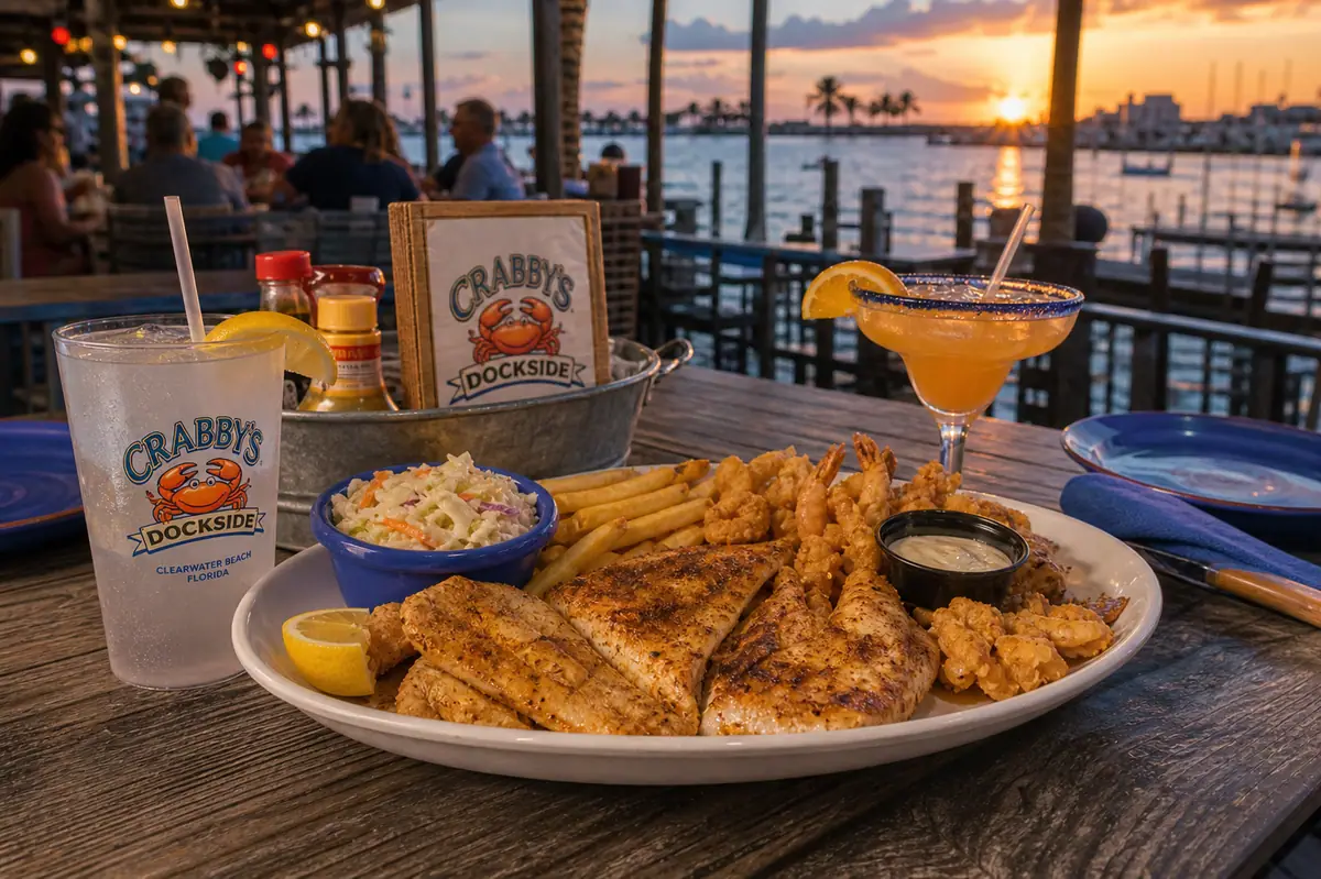 Photoreal dockside seafood dining scene representing Crabby's Dockside in Clearwater