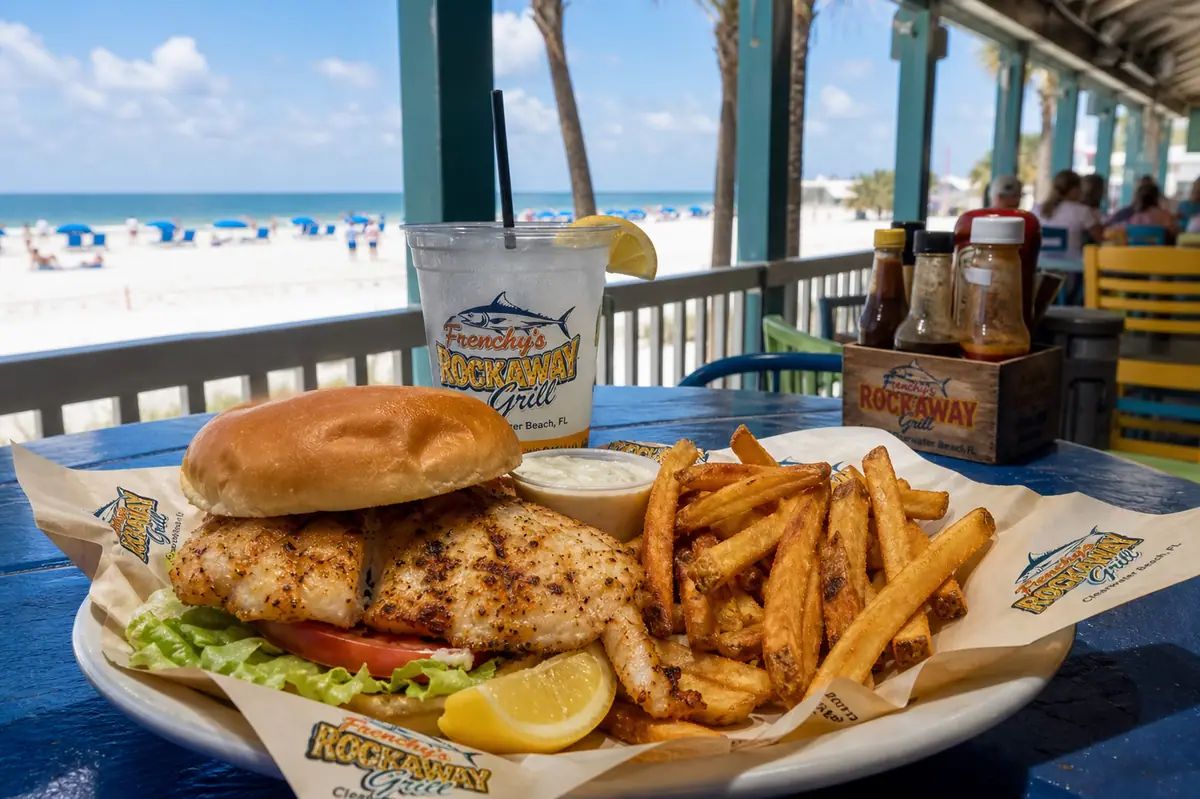 Photoreal beachfront seafood dining scene representing Frenchy's Rockaway Grill in Clearwater