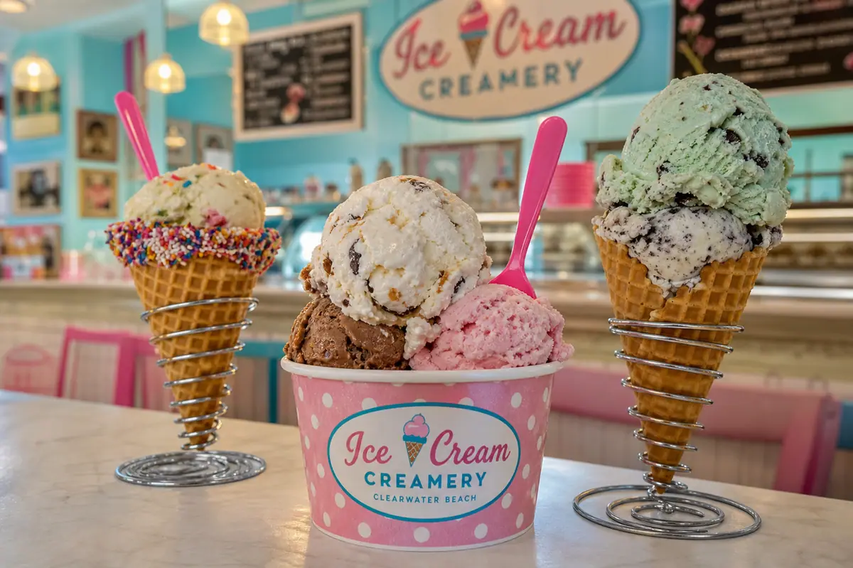 Photoreal ice cream dessert scene representing Ice and Cream Creamery in Clearwater