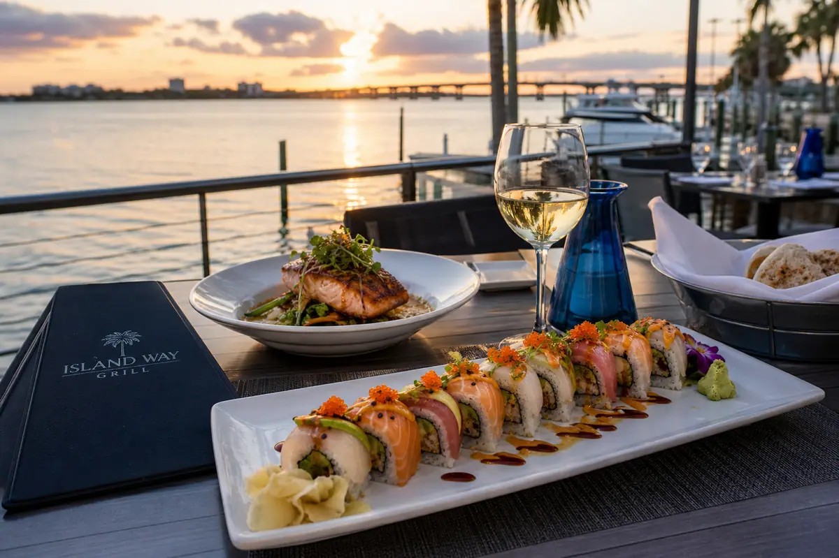 Photoreal waterfront seafood dining scene representing Island Way Grill in Clearwater