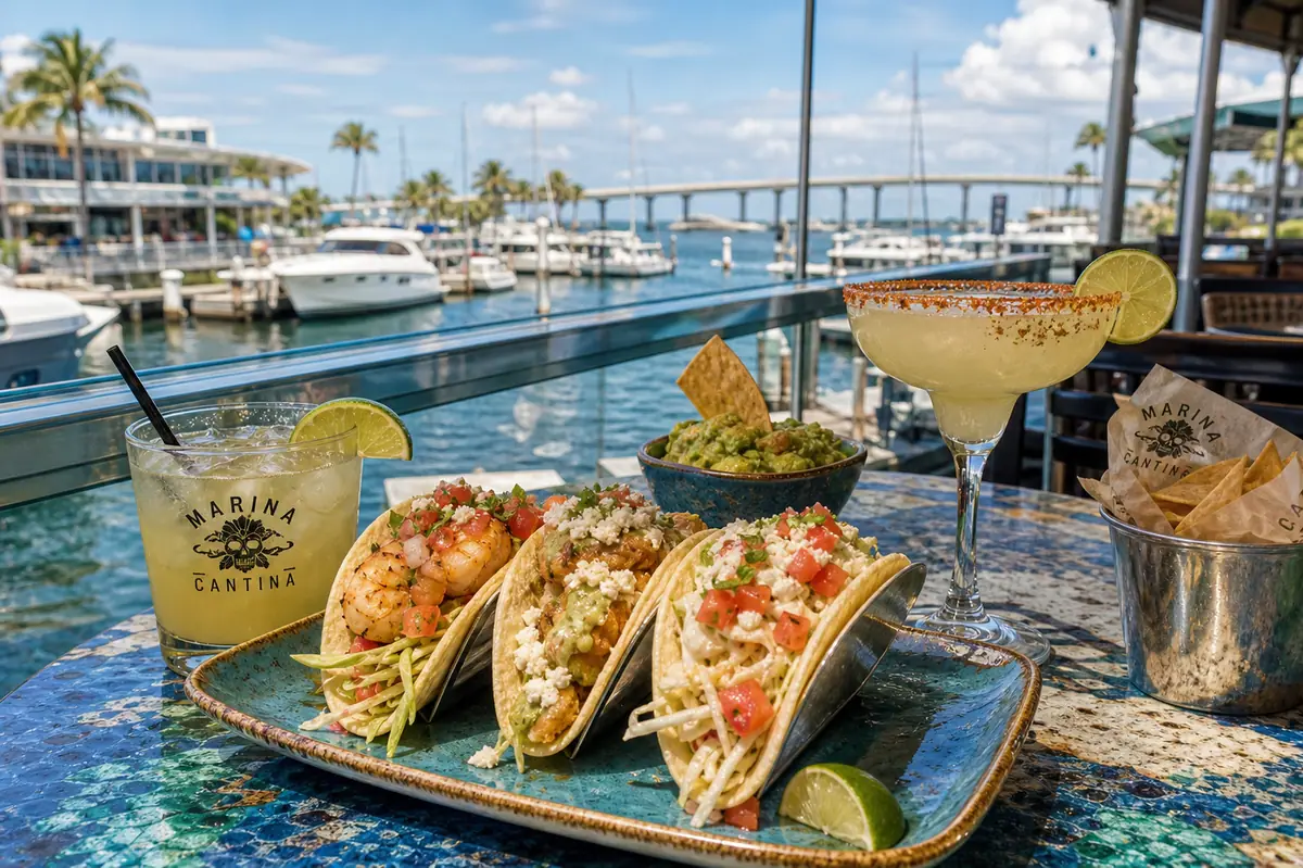 Photoreal marina-view tacos and cocktails representing Marina Cantina in Clearwater