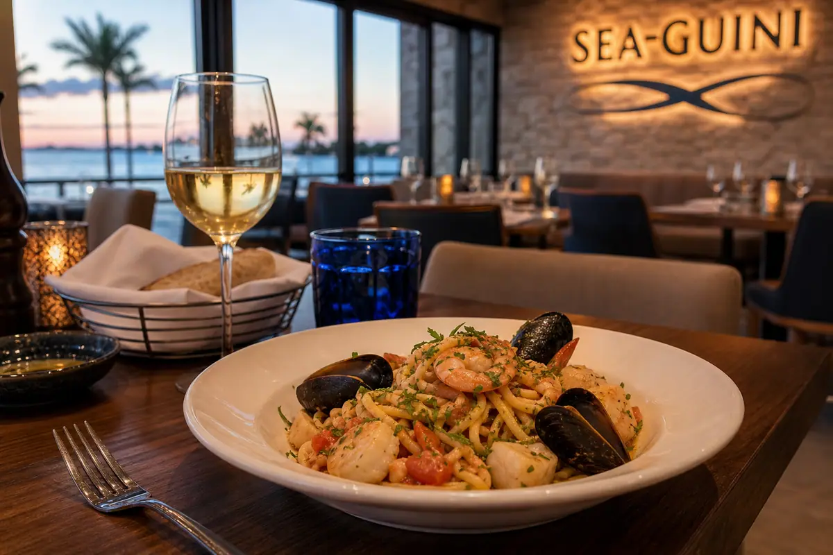 Photoreal refined Italian seafood scene representing Sea-Guini in Clearwater