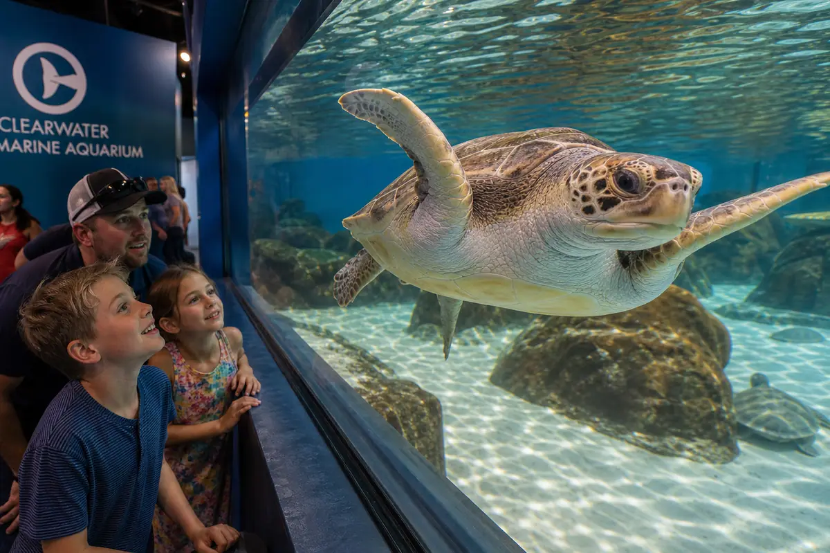 Photoreal marine aquarium habitat scene representing Clearwater Marine Aquarium