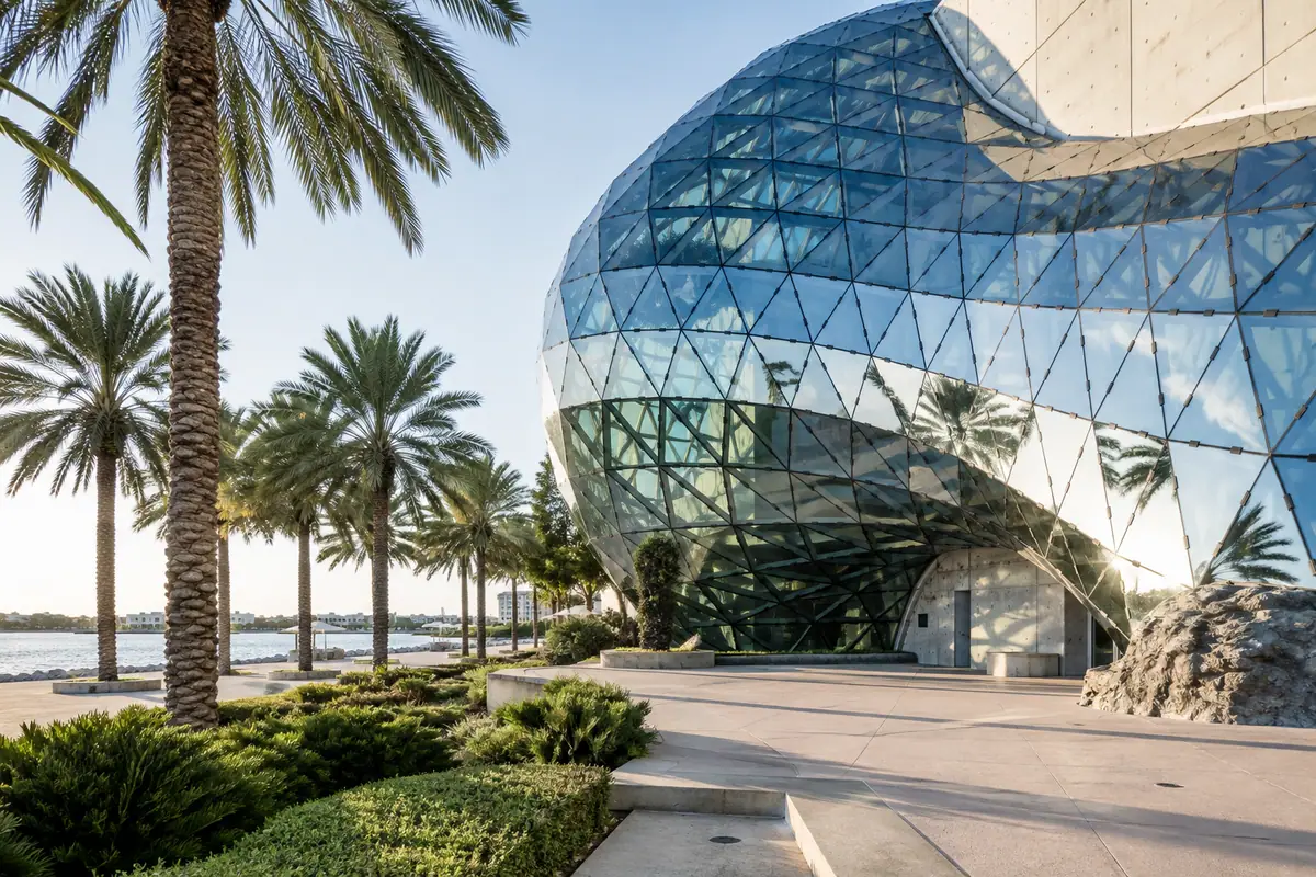 Photoreal Dalí Museum glass facade near St. Petersburg waterfront