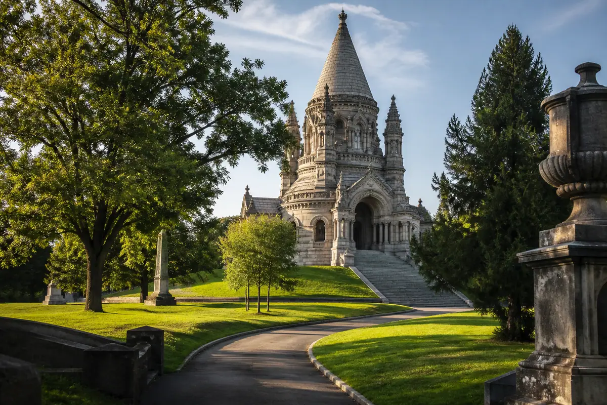 Photoreal view of Lake View Cemetery and Garfield Memorial in Cleveland