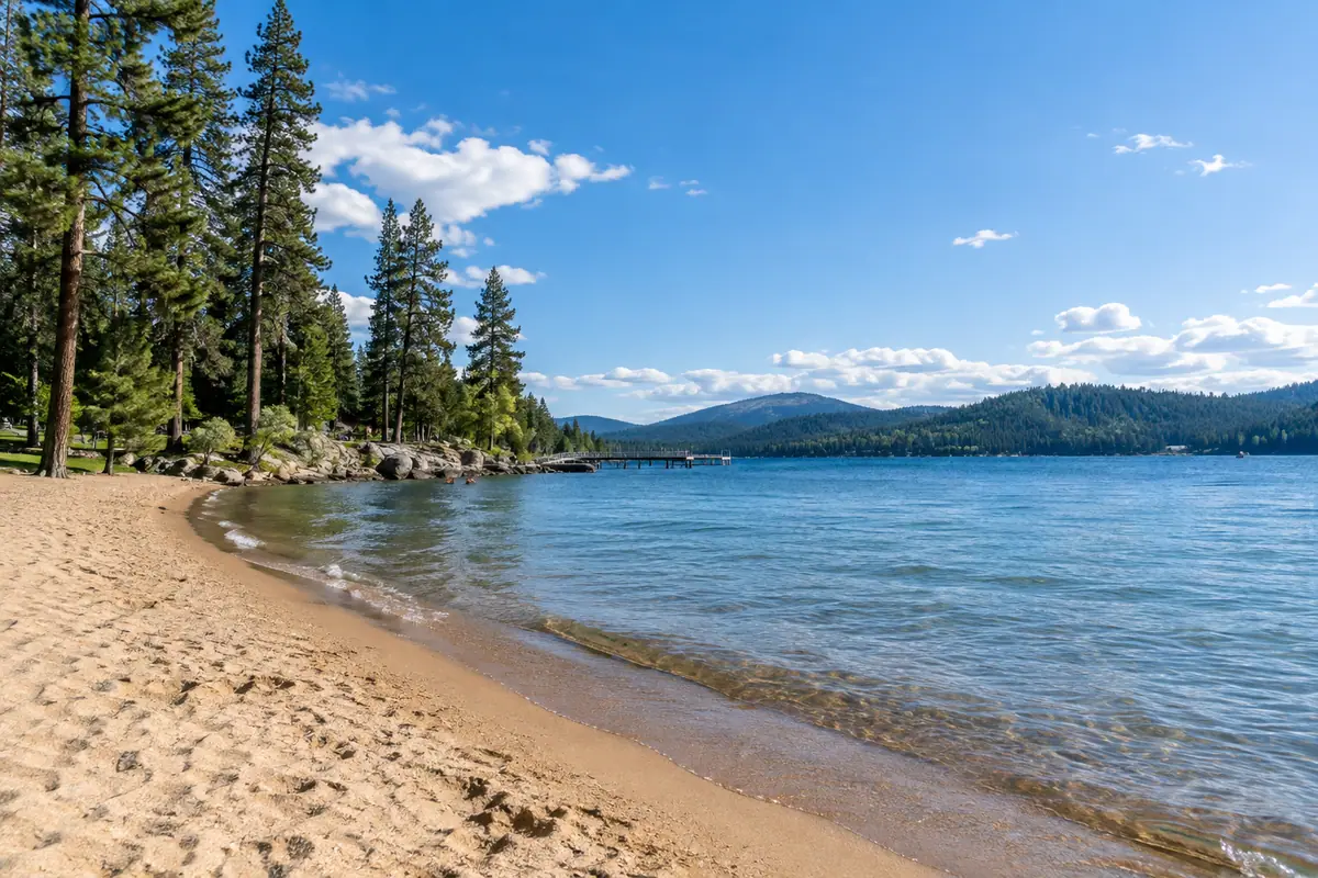 Photoreal editorial view of Coeur d’Alene City Park and Beach in Coeur d’Alene