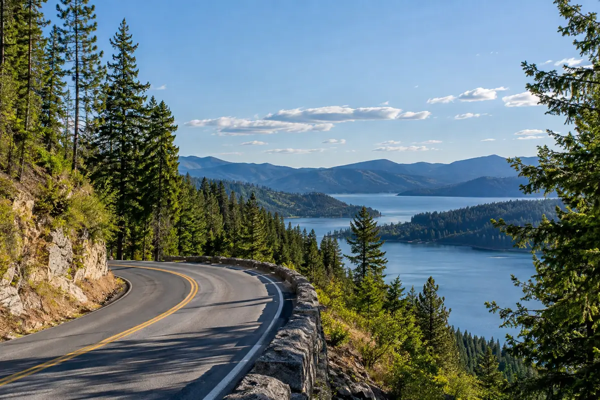 Photoreal editorial view of Coeur d’Alene National Forest Scenic Drive in Coeur d’Alene