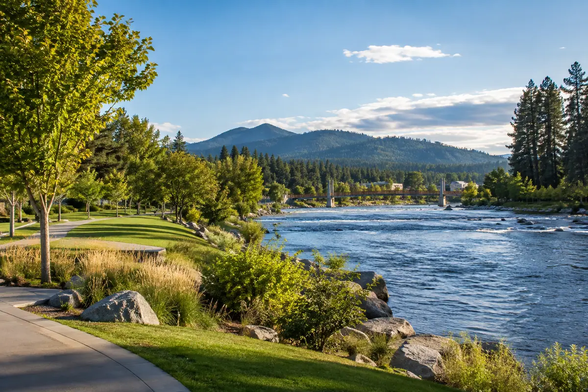 Photoreal editorial view of Riverstone Park and Spokane River in Coeur d’Alene