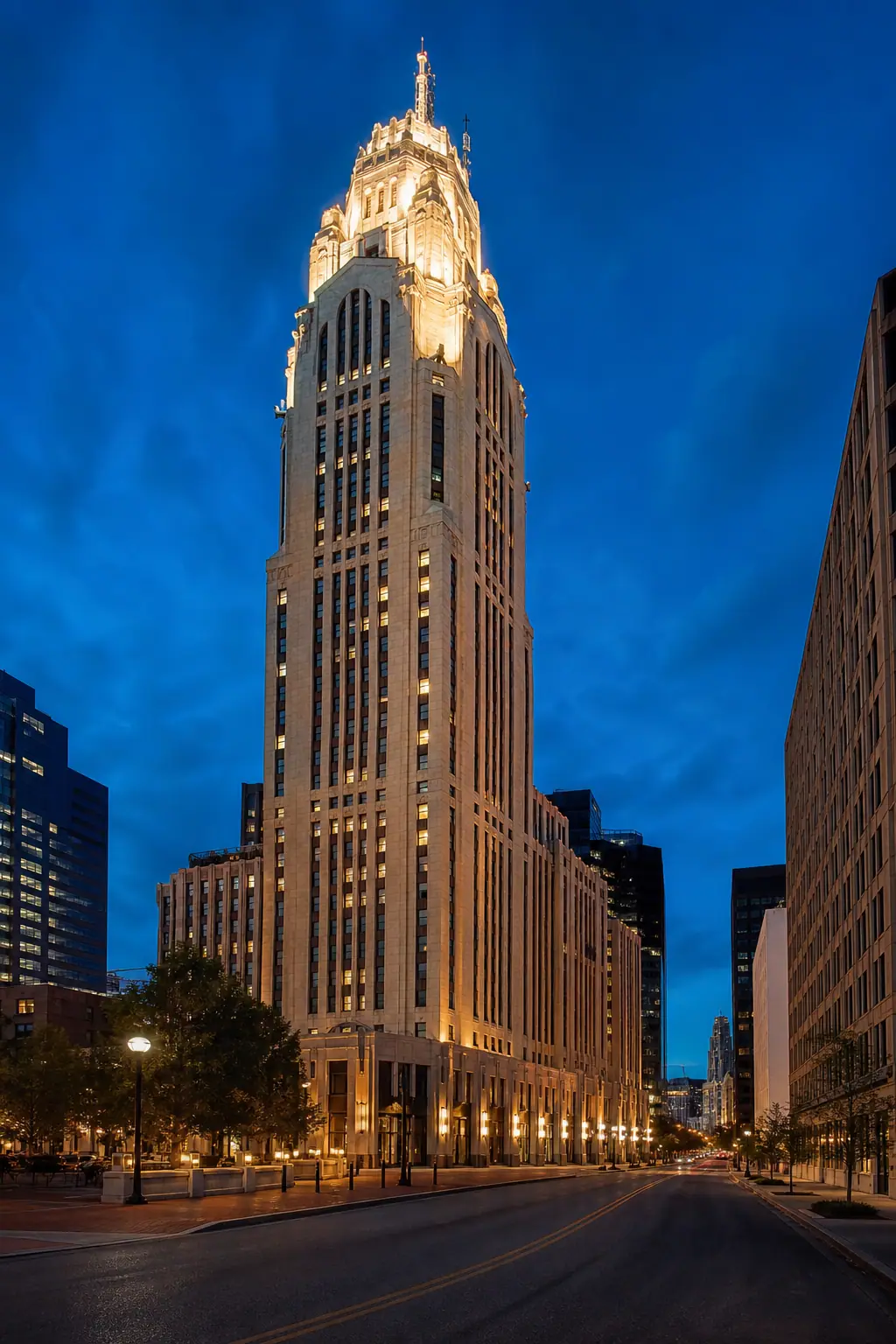 Photorealistic travel-editorial view of Hotel LeVeque, Autograph Collection in Columbus, Ohio