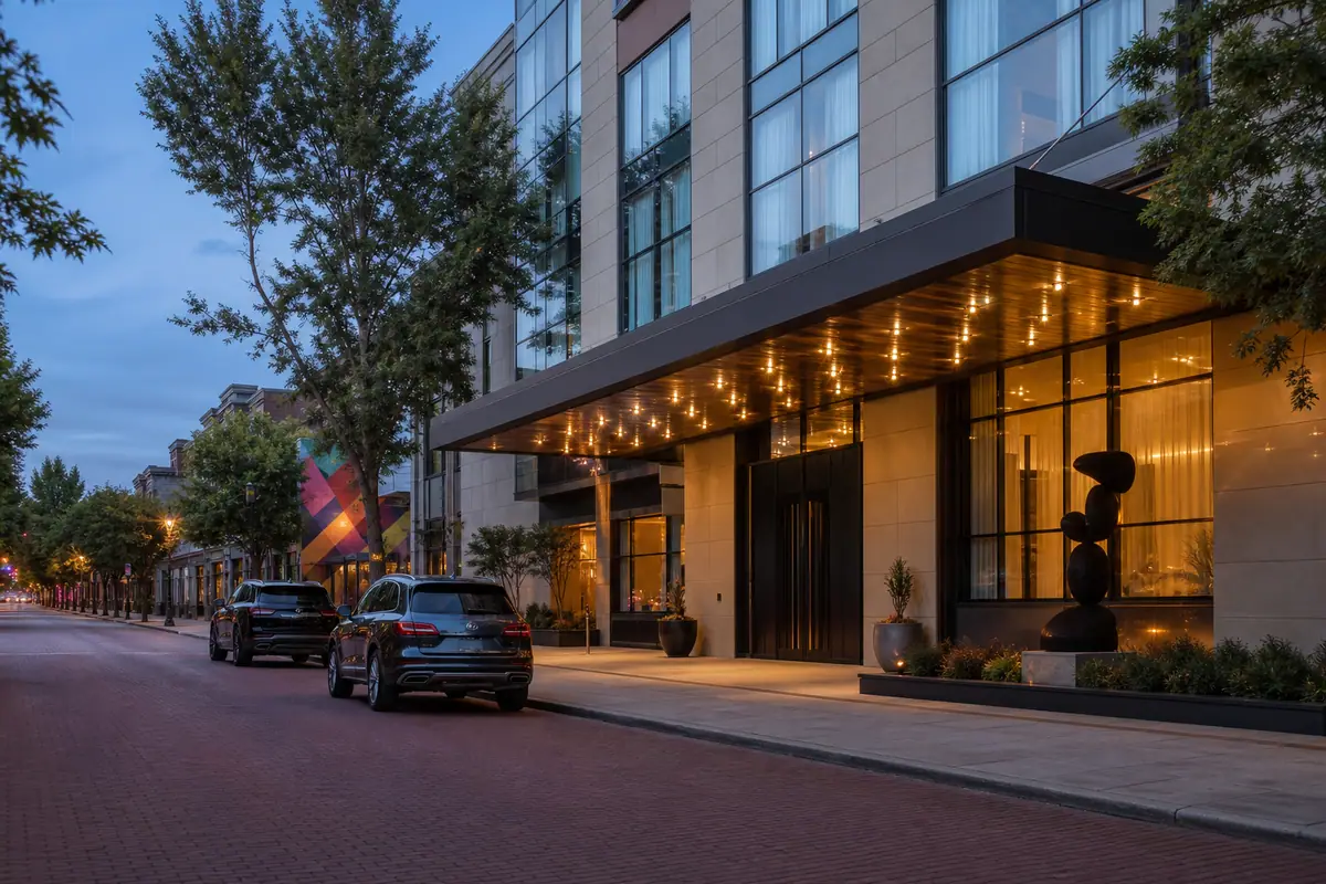 Photorealistic travel-editorial view of The Joseph, a Luxury Collection Hotel in Columbus, Ohio