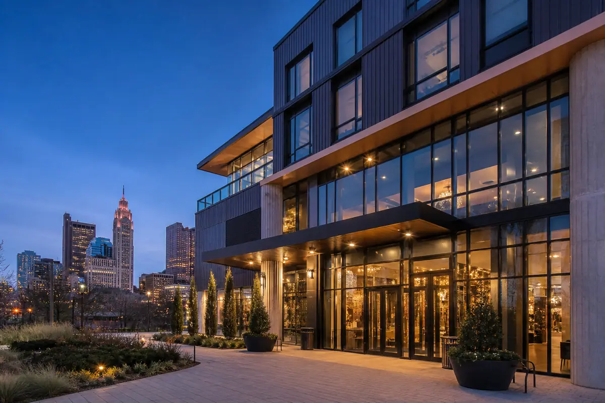 Photorealistic travel-editorial view of The Junto in Columbus, Ohio