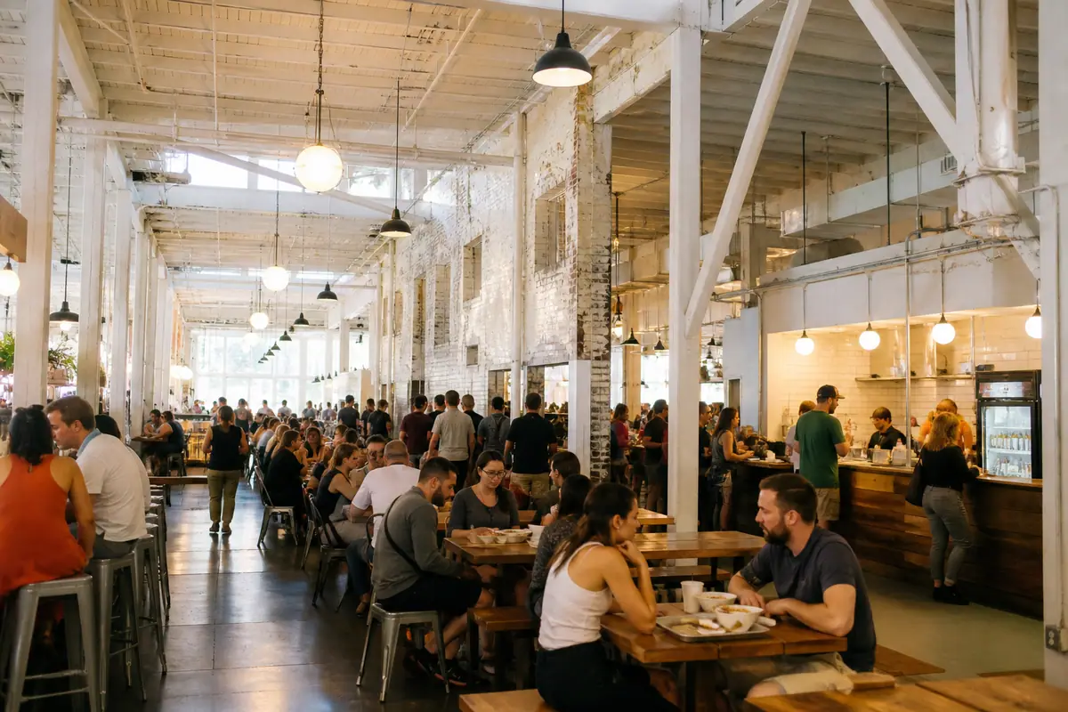 Photorealistic travel-editorial view of Budd Dairy Food Hall in Columbus, Ohio