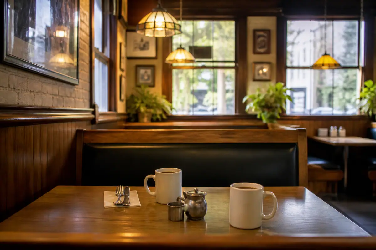 Photorealistic travel-editorial view of German Village Coffee Shop in Columbus, Ohio
