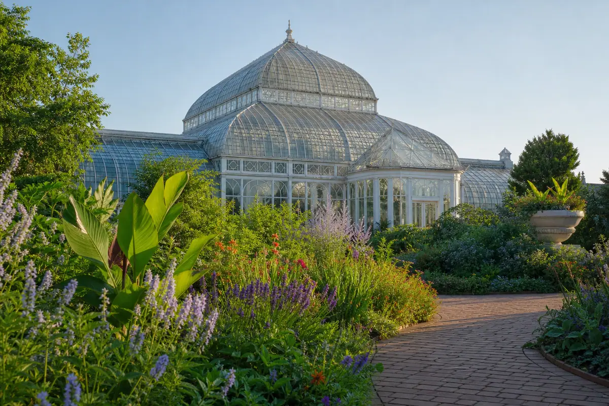 Photorealistic travel-editorial view of Franklin Park Conservatory and Botanical Gardens in Columbus, Ohio