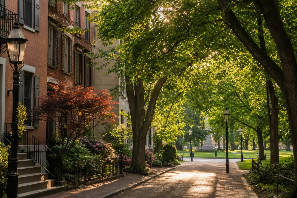 Photorealistic travel-editorial view of German Village and Schiller Park Walk in Columbus, Ohio