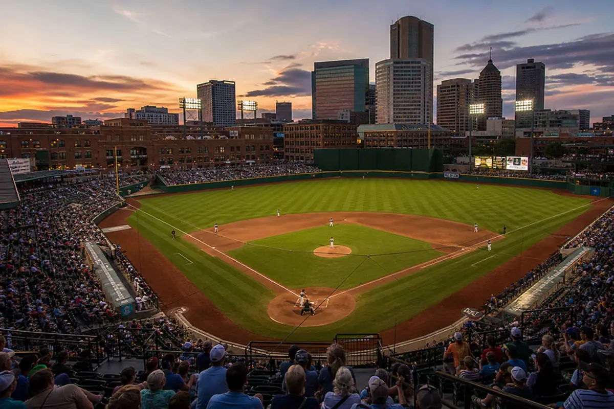 Photorealistic travel-editorial view of Huntington Park Baseball Game in Columbus, Ohio