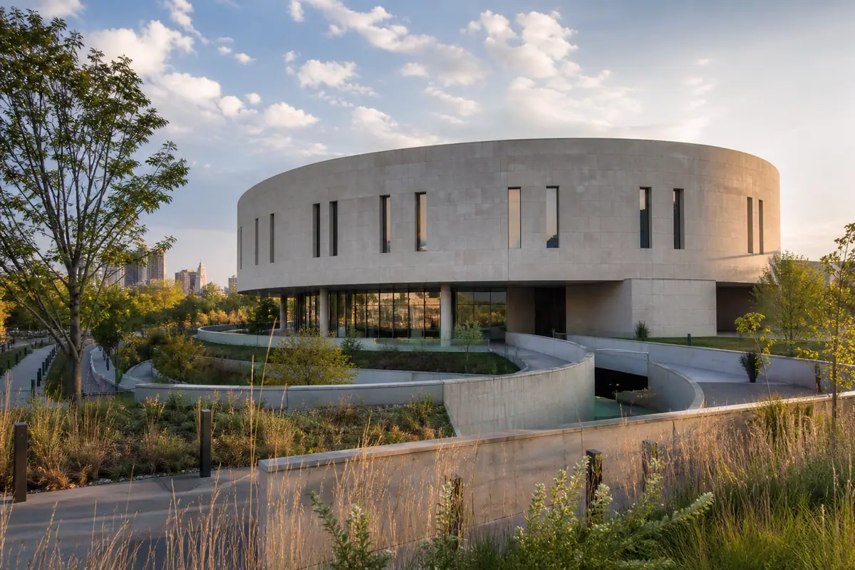 Photorealistic travel-editorial view of National Veterans Memorial and Museum in Columbus, Ohio