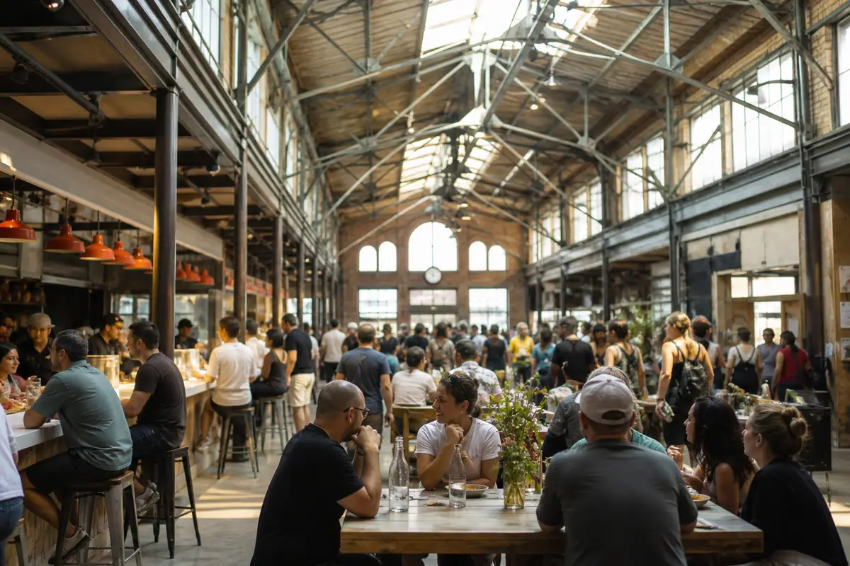Photorealistic travel-editorial view of North Market Downtown in Columbus, Ohio