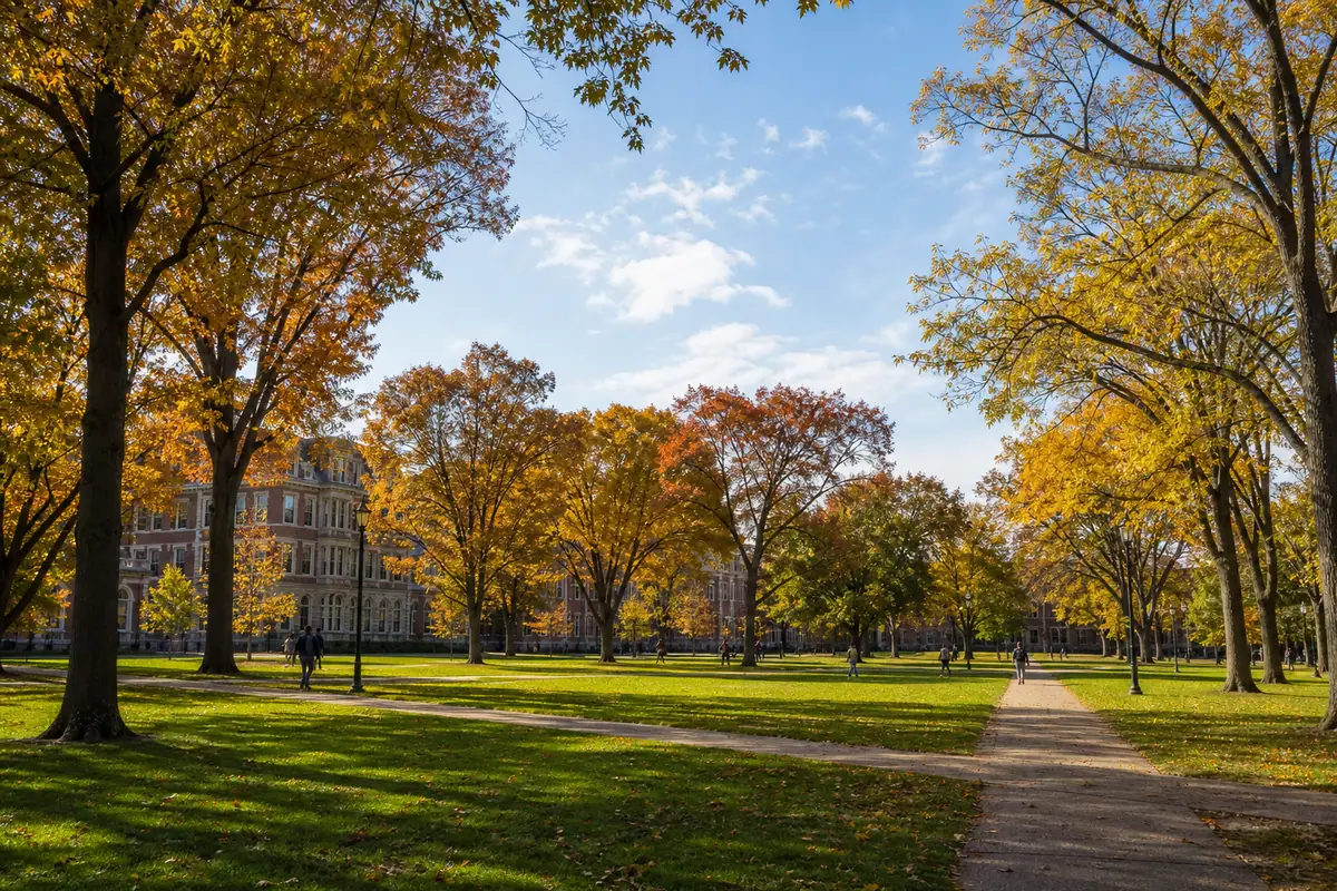 Photorealistic travel-editorial view of Ohio State University and Oval Walk in Columbus, Ohio