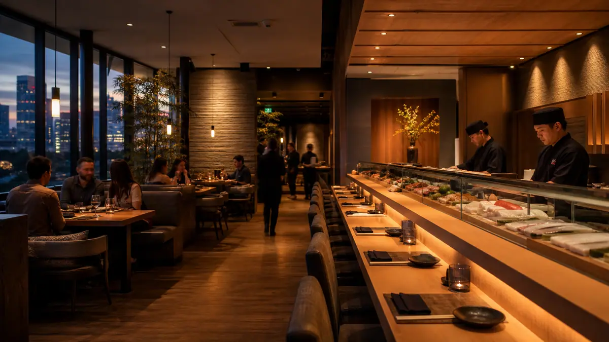 Photoreal glamorous Dallas Design District restaurant dining room at night