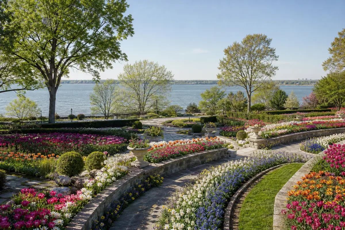 Photoreal Dallas Arboretum garden terraces overlooking White Rock Lake in spring daylight