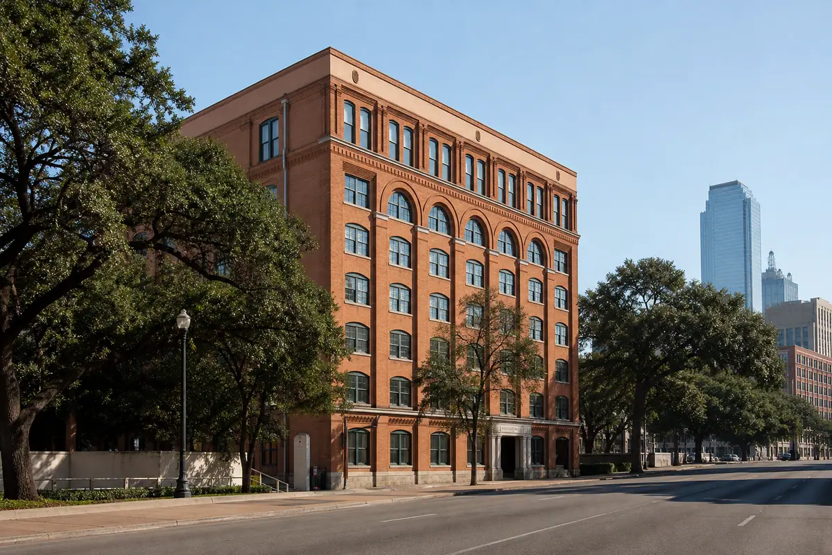 Photoreal red-brick Texas School Book Depository at Dealey Plaza in Dallas