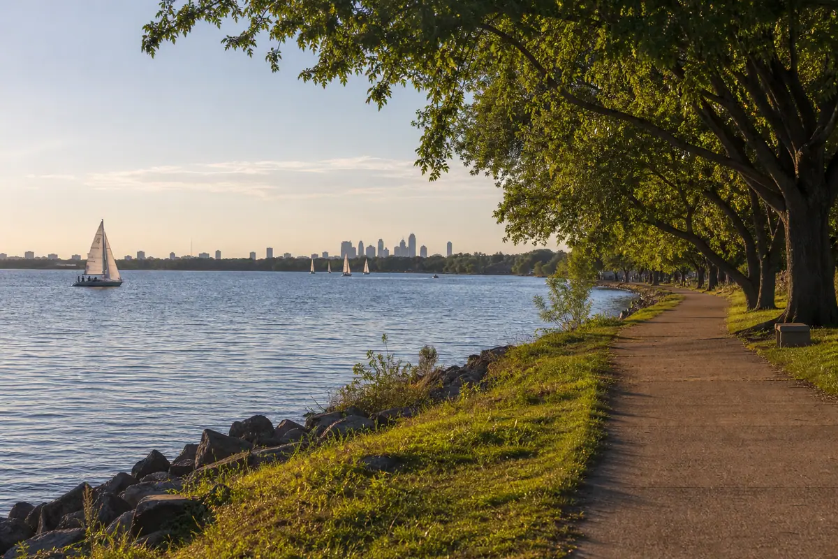 Photoreal White Rock Lake shoreline trail in Dallas with sailboats and mature trees