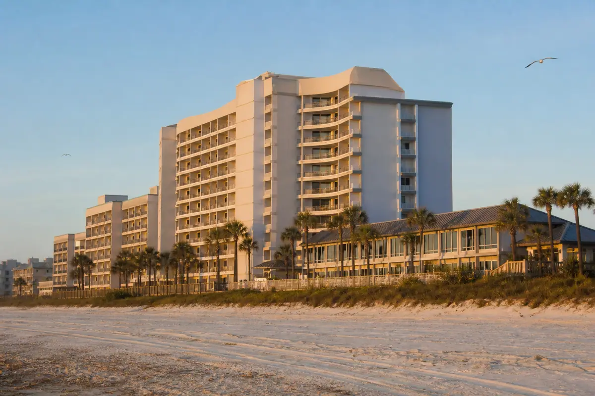 Photoreal travel-editorial view of Delta Hotels by Marriott Daytona Beach Oceanfront in Daytona Beach, Florida