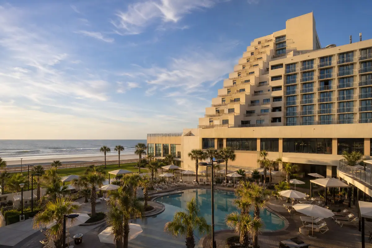 Photoreal travel-editorial view of The Hard Rock Hotel Daytona Beach in Daytona Beach, Florida