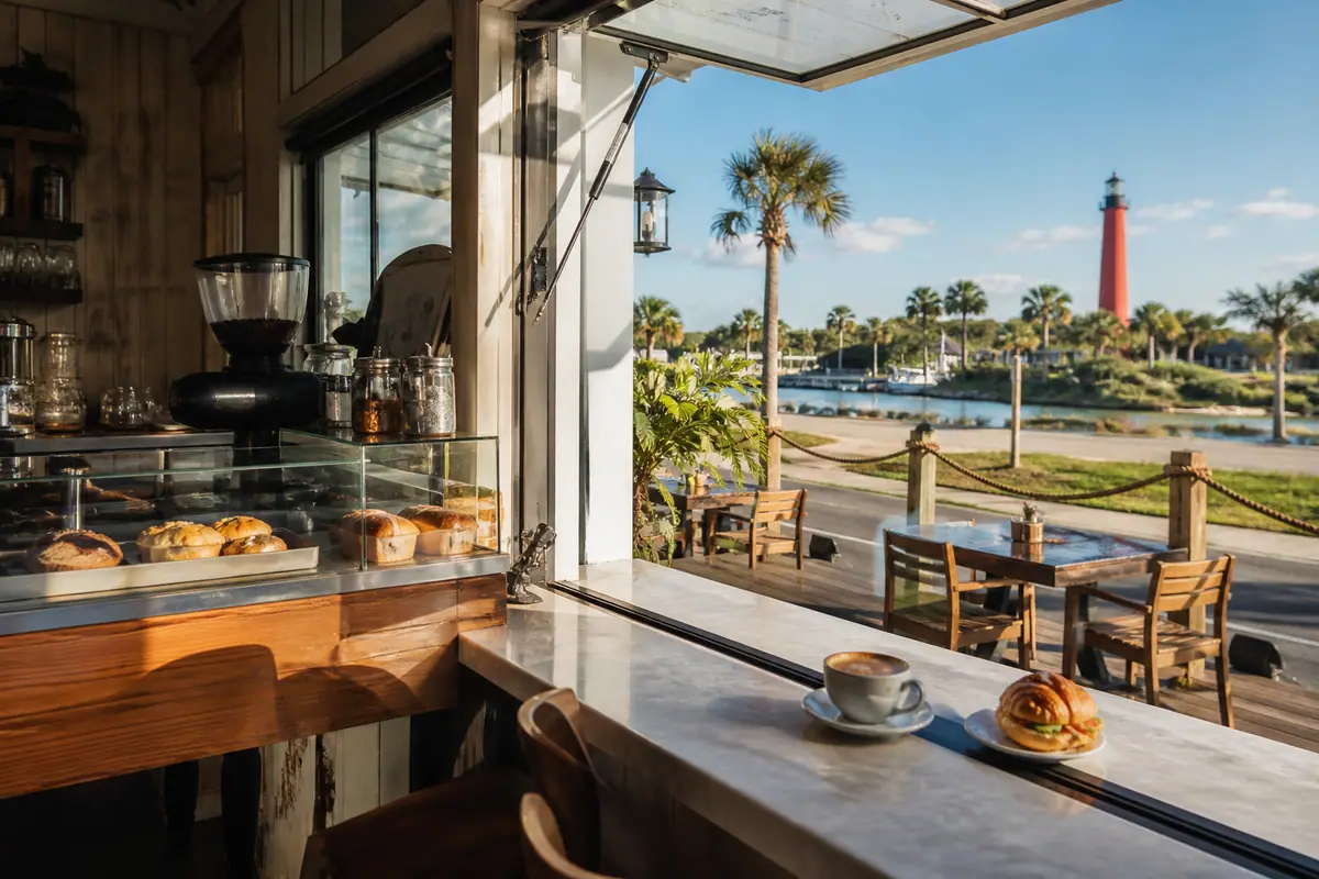 Photoreal travel-editorial view of Sweet Marlay's Coffee in Daytona Beach, Florida