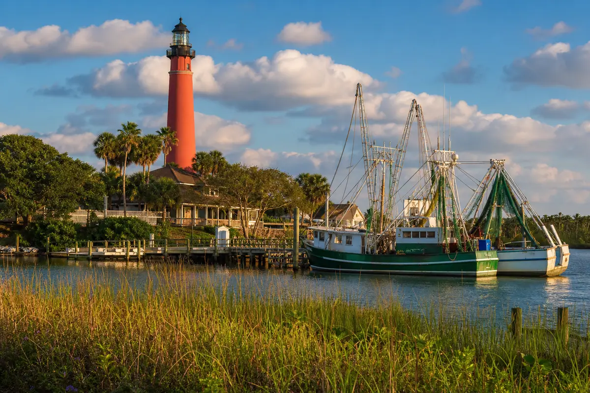 Photoreal travel-editorial view of Ponce Inlet and Ponce de Leon Inlet Lighthouse in Daytona Beach, Florida