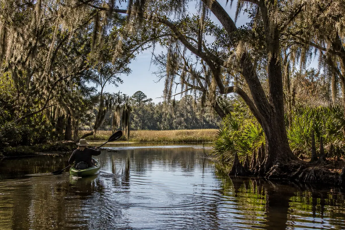 Photoreal travel-editorial view of Tomoka State Park in Daytona Beach, Florida