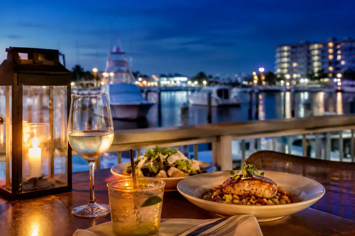 Photoreal travel-editorial view of Marina Cafe in Destin, Florida