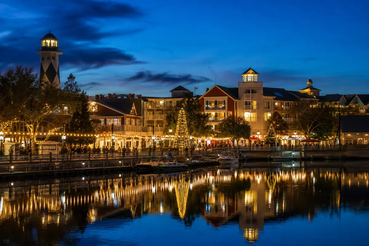 Photoreal travel-editorial view of Baytowne Wharf Evening in Destin, Florida
