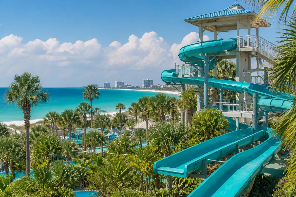 Photoreal travel-editorial view of Big Kahuna’s Water and Adventure Park in Destin, Florida