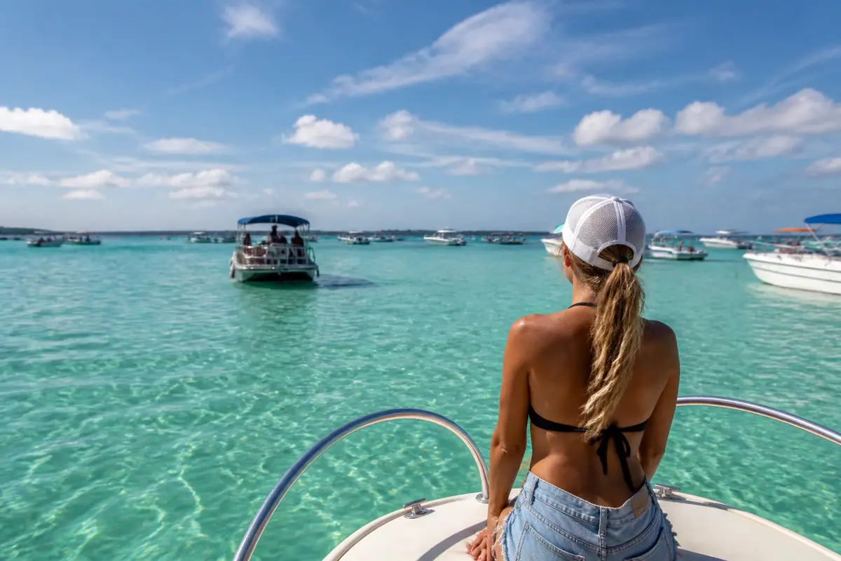 Photoreal travel-editorial view of Crab Island by Boat in Destin, Florida
