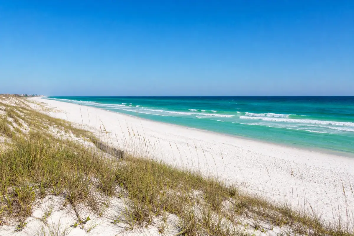 Photoreal travel-editorial view of Henderson Beach State Park in Destin, Florida