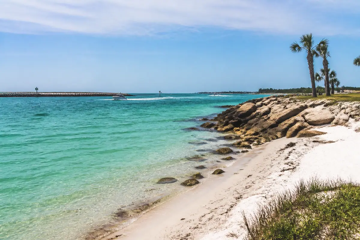 Photoreal travel-editorial view of Norriego Point in Destin, Florida