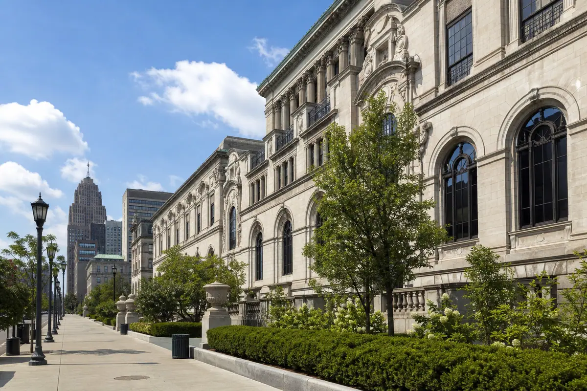 Photorealistic view of Detroit Public Library and Cultural Center Walk in Detroit
