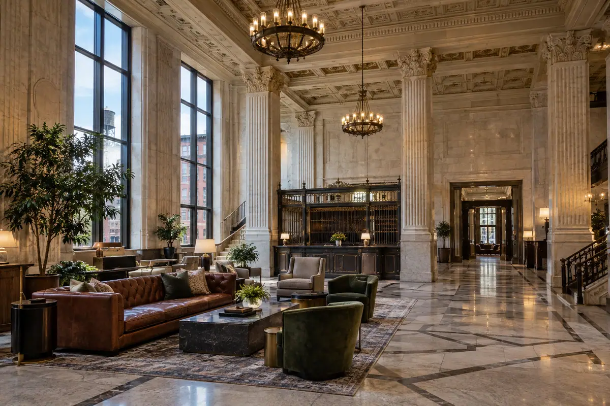 Photorealistic travel-editorial view of 21c Museum Hotel Durham in Durham, North Carolina
