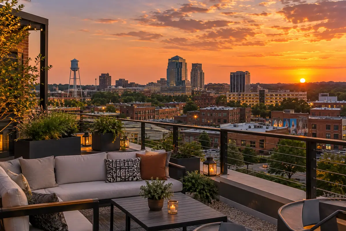 Photorealistic travel-editorial view of Durham Marriott Convention Center in Durham, North Carolina